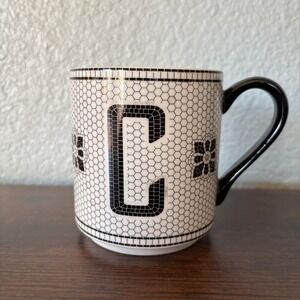 Anthropologie Monogram "C" Mug Black White Mosaic Tile Initial Coffee Cup